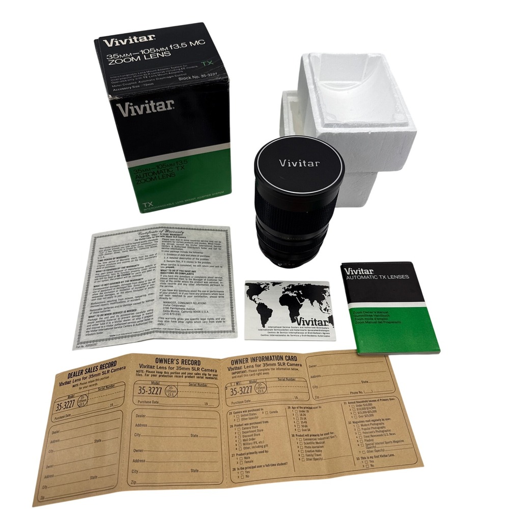 Vivitar 35-105mm f3.5 MC Zoom Lens TX Mount 35-3227 Vintage SLR Lens Box Manual